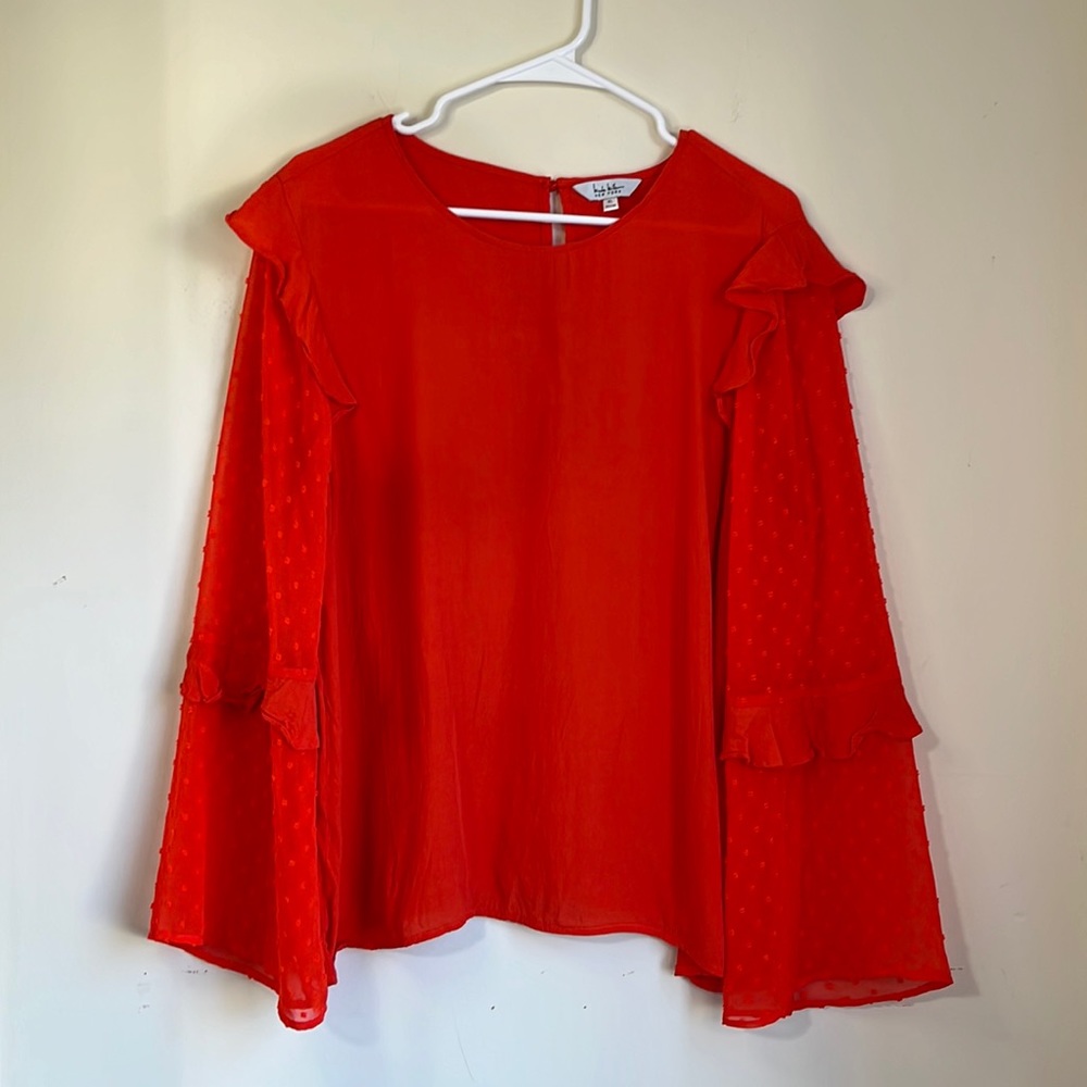 Nicole Miller New York Orange Ruffle Bell Sleeve Swiss Dotted Long Sleeve Blouse - Picture 1 of 8